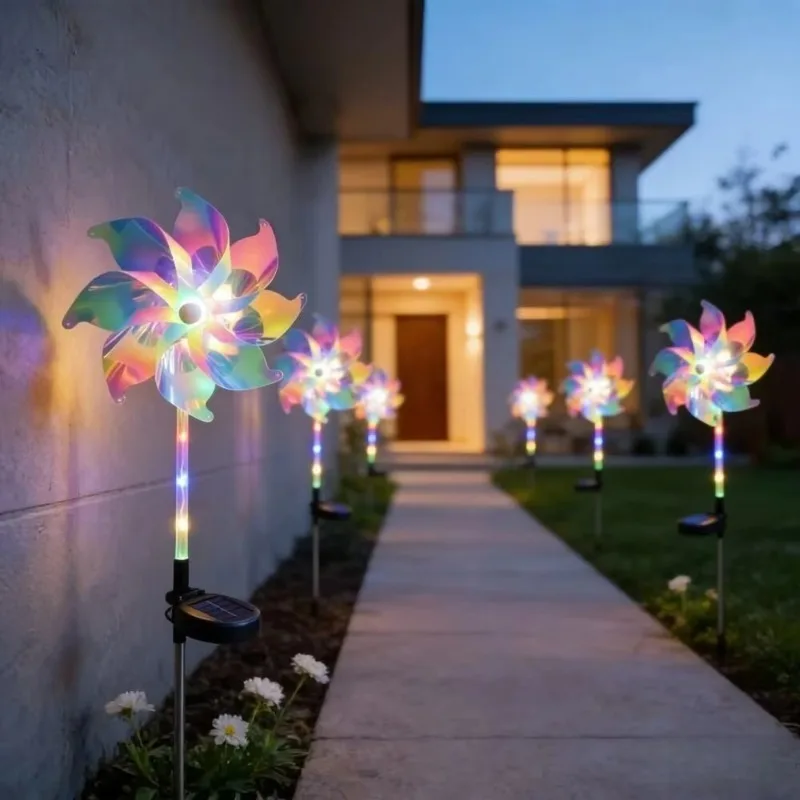 Solar Powered Colorful Windmill Lights LED Garden Stake Lamp Rotating Flower Light Waterproof Outdoor Courtyard Landscape Decor