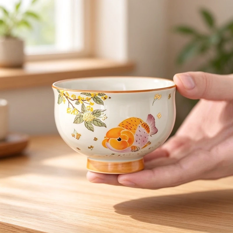 Large Ceramic Tea Cup Grass Ash Goldfish Pattern Cute Master Cup Single Teacup High Aesthetic Tasting Cup for Tea Lovers