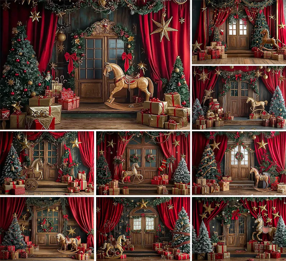 Mehofond Christmas Vintage Wooden Door Curtains Photography Backdrop Child Birthday Party Xmas Tree Horse Toy Decor Background