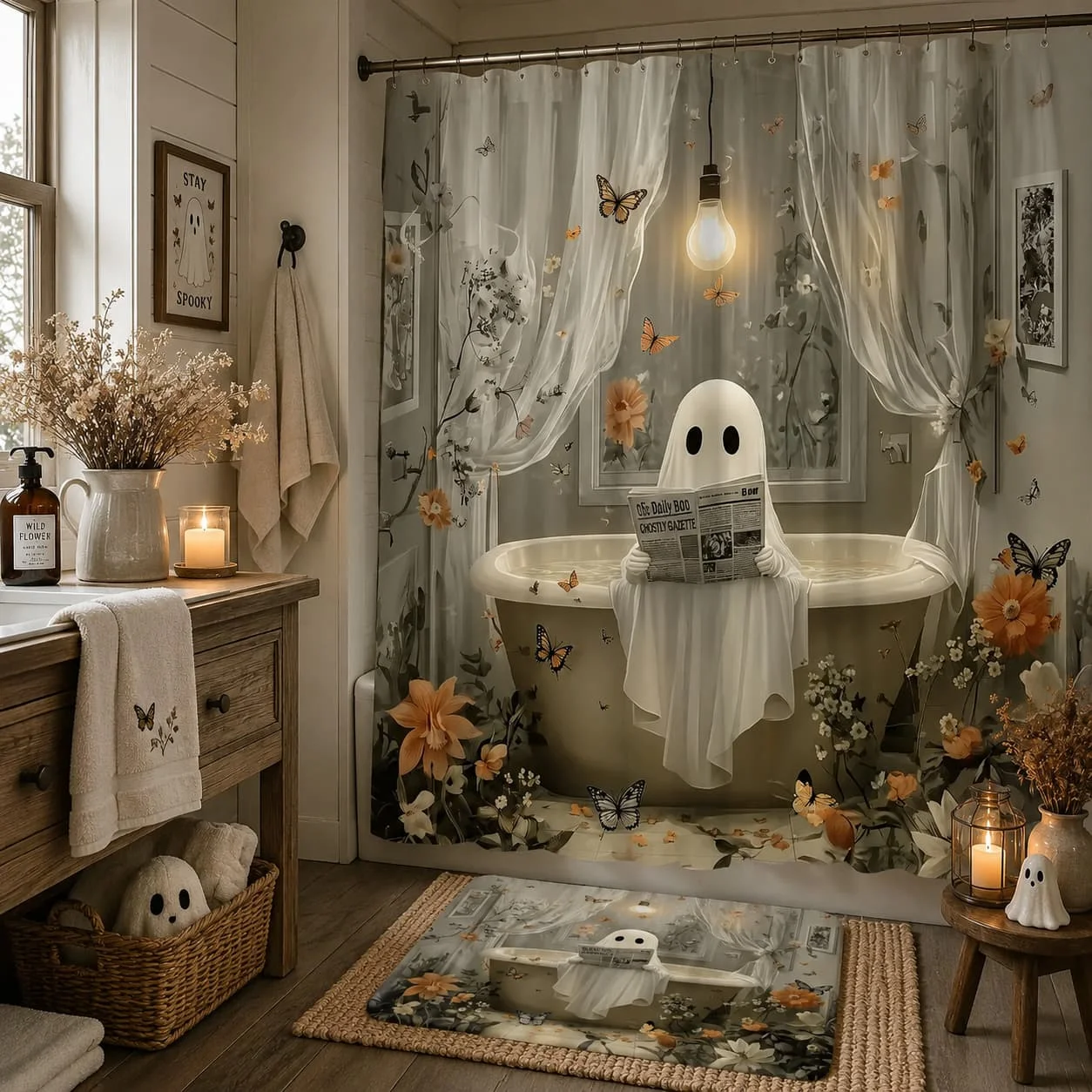 2D Flat, 2D Flat, 1pc Vintage Gothic Shower Curtain Measuring 70X70 Inches, Extra Long And Made from Machine Washable Polyester Fiber, Featuring Floral, Butterfly Comes with 12 Hooks, Perfect for Halloween And Romantic Bathroom Decor