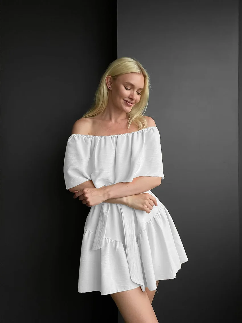 Elegant White Off-the-shoulder Dresses Spring Women Short-sleeved A-line Lace Up Dress Autumn High Waist Pullover Mini Dress