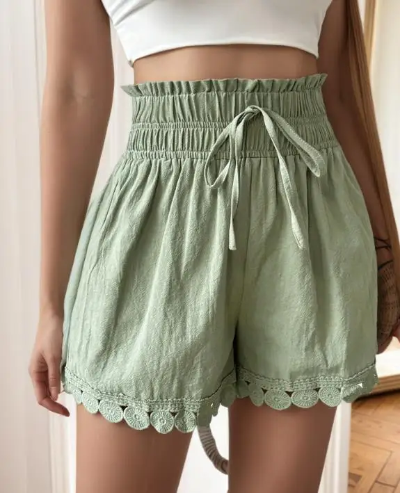 

Loose Women's Shorts Summer New Style Pleated Waist Design Round Lace Patchwork Hem Design Casual and Versatile Lace Up Shorts