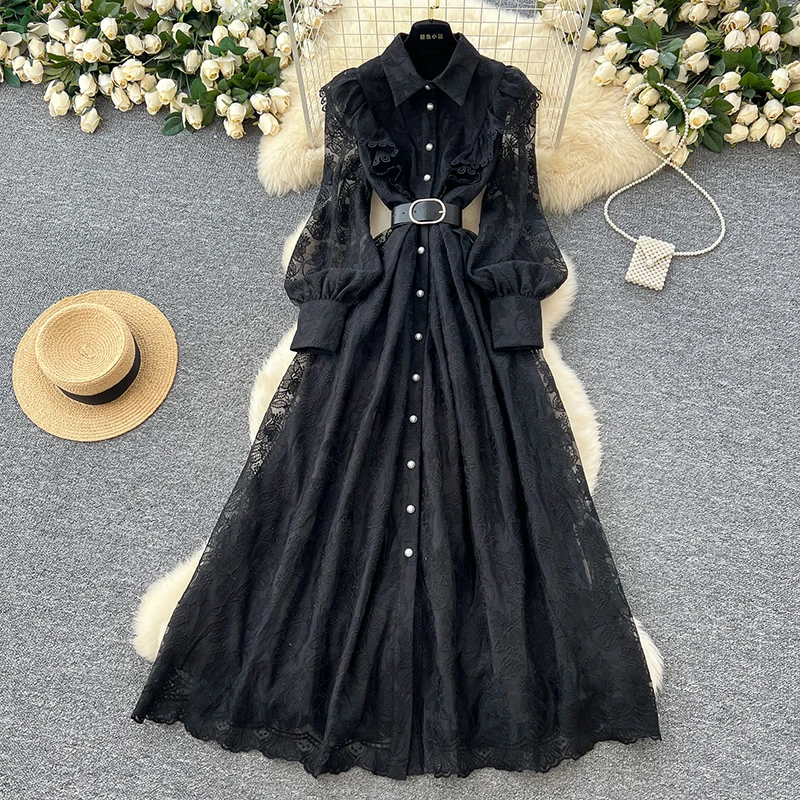 

New Spring Autumn Women's French High-end Lace Dress Black Polo-neck Lantern Sleeves Single Breasted Party Birthday Dress C192