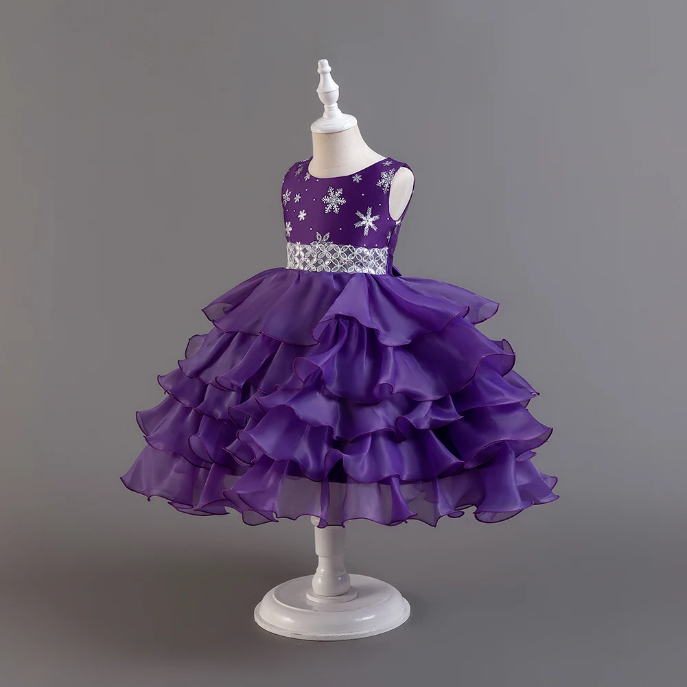 Purple girl fluffy mesh sequin cake dress sleeveless Kids party dress for 2 to 10 years child holiday clothing