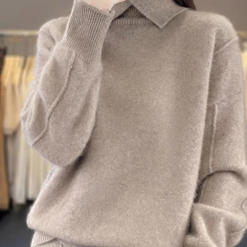 Autumn Winter New Turn-down Collar Knitted Sweaters Simple Solid Loose Casual Pullovers Women Fashion Temperament Tops