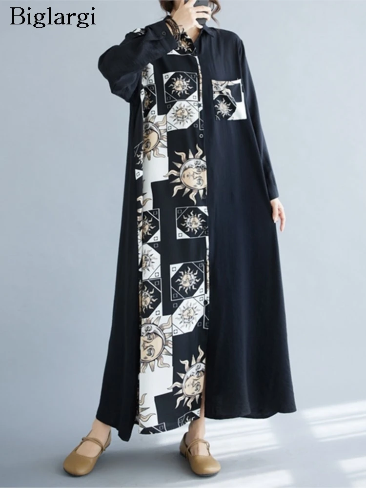 Oversized Summer Long Shirts Dress Women Irregular Print Patchwork Fashion Ladies Dresses Long Sleeve Loose Pleated Woman Dress