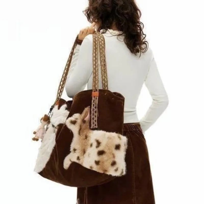 Retro Cute Cat Plush Tote Bag - Large Capacity Shoulder Bag, Coffee