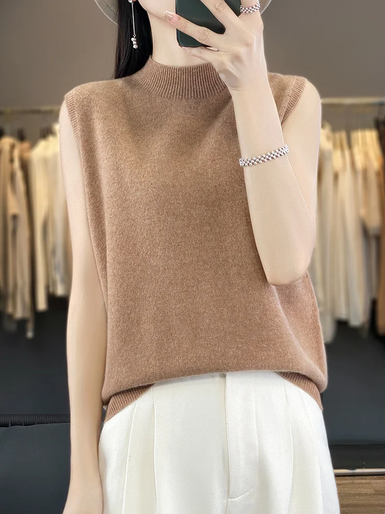 

New Chic Women Sleeveless Pullover 100% Merino Wool Knitwear Spring Summer Female Casual Solid Color Mock Neck Soft Wool Tops