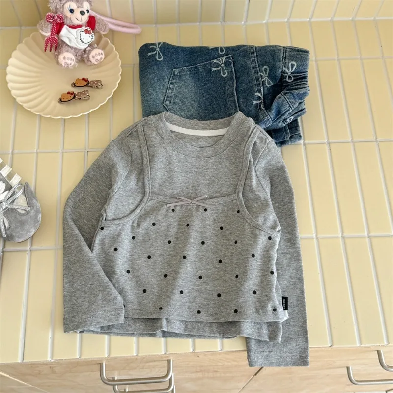 الفتيات قاعدة تي شيرت 2025 الخريف الطفل وهمية اثنين طويلة الأكمام تي شيرت البولكا نقطة النمط الغربي قمة لطيف اليومية عادية