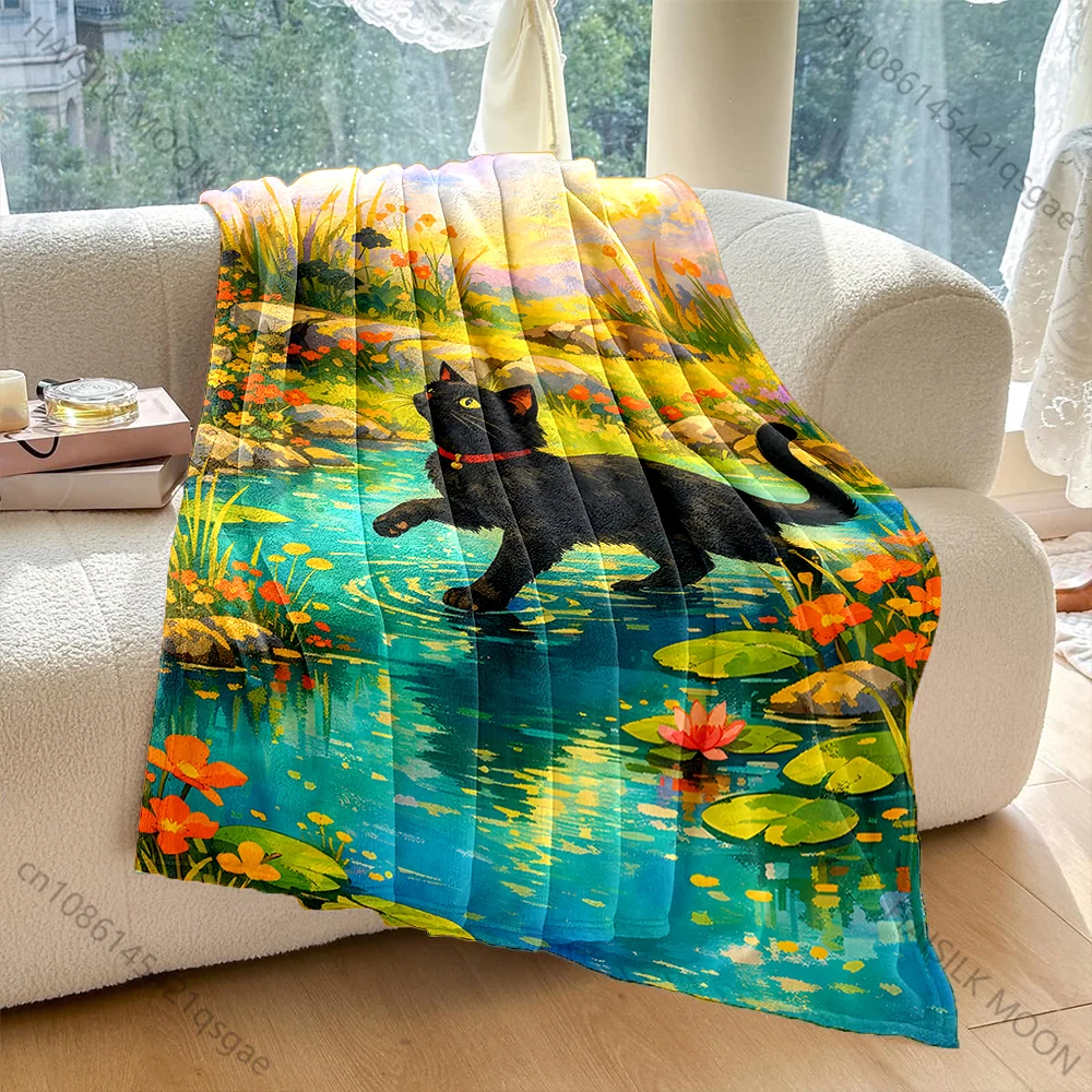 Black cat wading stream lily pads sunset Print Blanket Warm Soft Fluffy Kids and Adult Sofa Bed Throw Outdoor Travel Camping RV