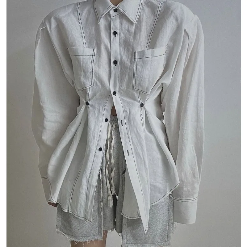 

SuperAen New Autumn Korean Style Shirt for Women Polo Collar Design Waist Unique Bright Line Decoration Top