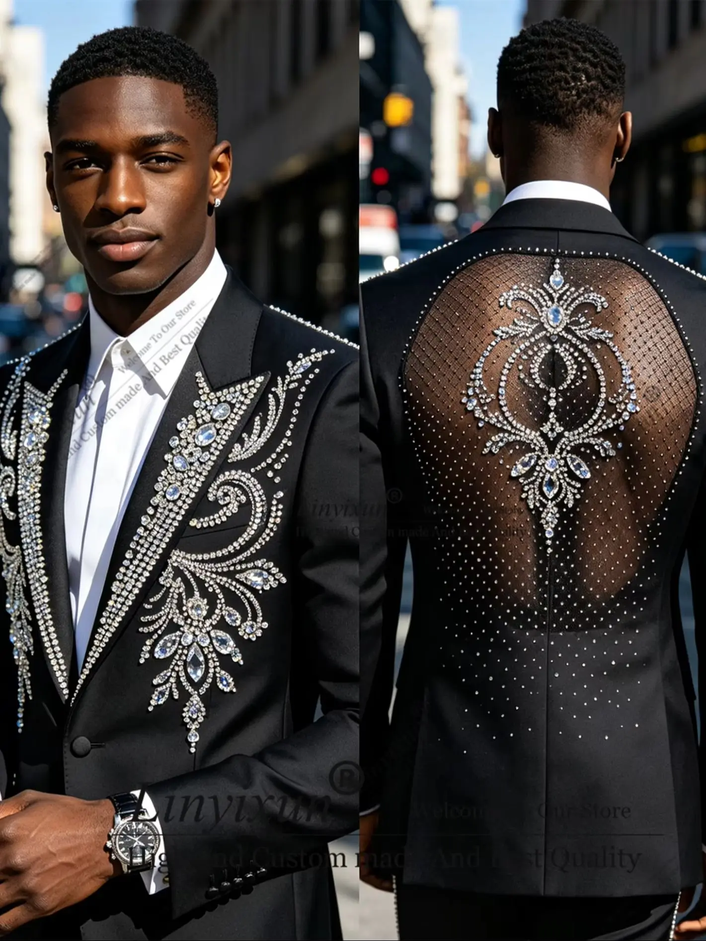 

Handmade Stones Diamond Tuxedos Men Suits and separates Customized Slim Fit Peaked Lapel Wedding Groom Blazers Costumes Hommes