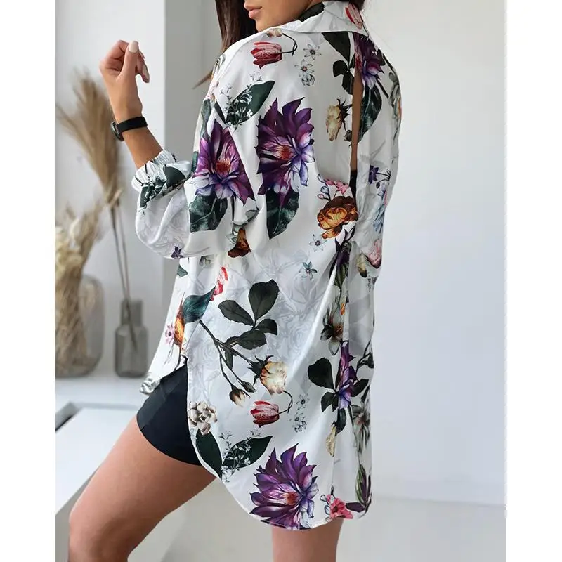 Bedrukte Long Sve Dames irt Klassiek reversontwerp Polyester stof lectual Sle Summer Faion Dameskleding