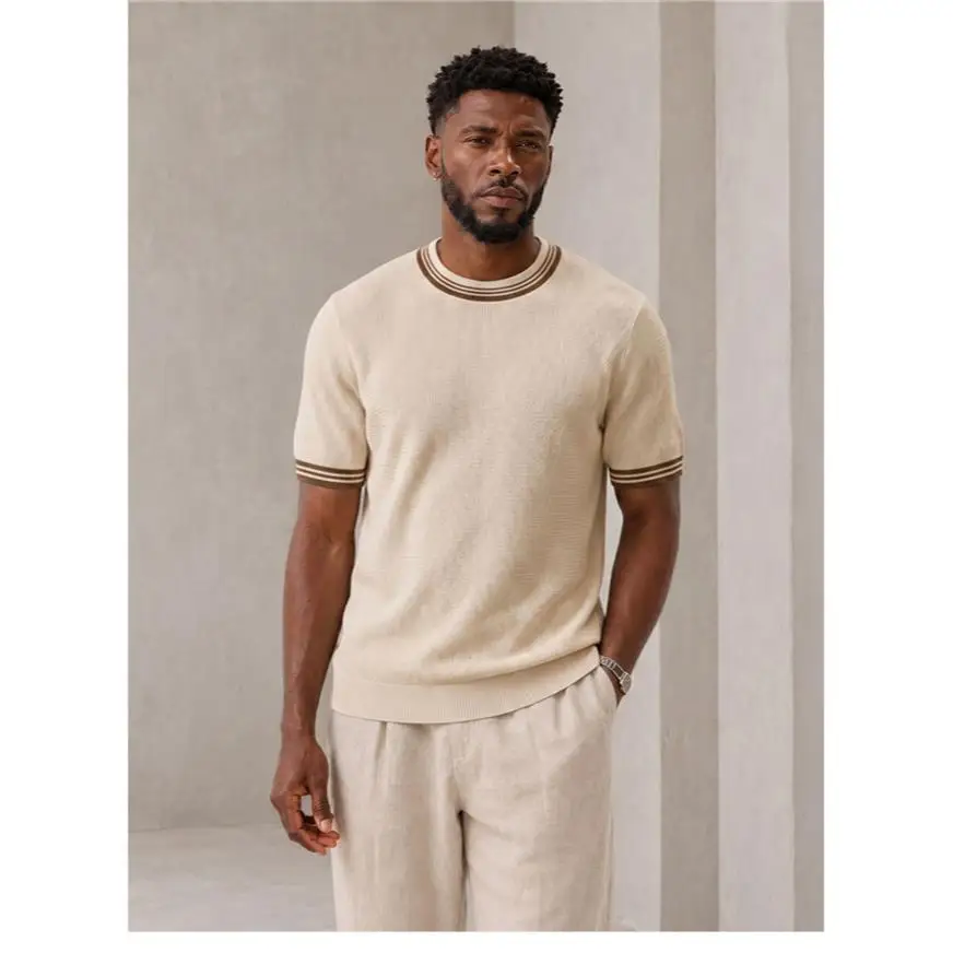 Men's Contrasting round Neck Knitted Short Sleeve Shirt Standard Fit Bright Thread Knitwear Daily Wear Youth Fashion Summer Thin