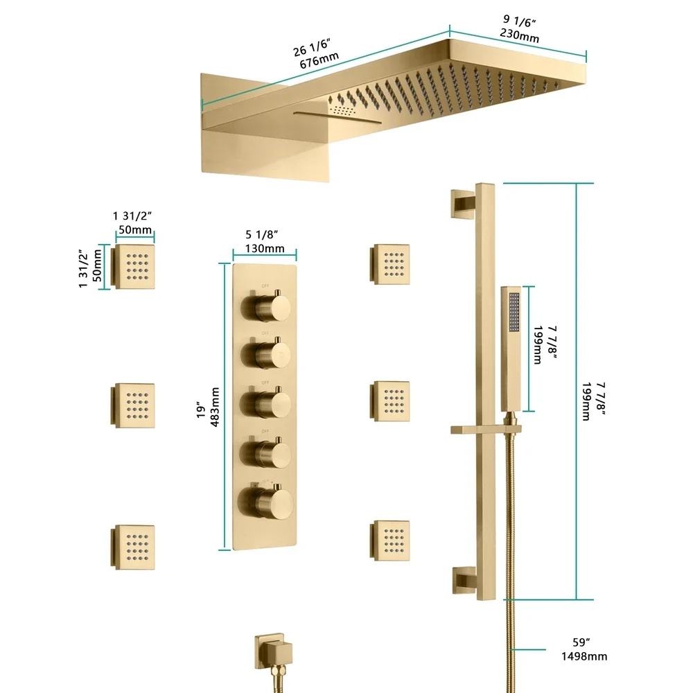 High Quality Luxury Shower Set 4 Functions Brush Gold Thermostatic LED Shower Faucet