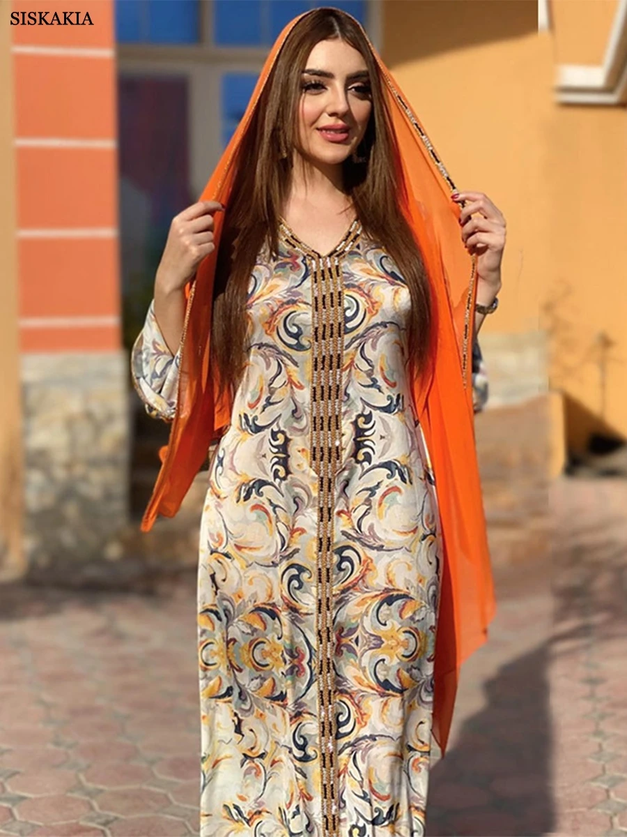 Siskakia Muslim Abayas Uae Dubai Chic Ethnic Printing Tape Trim Full Sleeve V-Neck Elegant Casual Kaftan Dresses Womens Dubai
