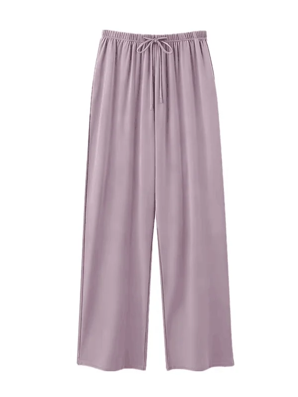 Ladies Cotton Silk Sleepwear Loose Straight Leg Thin Artificial Silk Home Wear Pure Color Long Pants Comfortable Summer Pyjamas