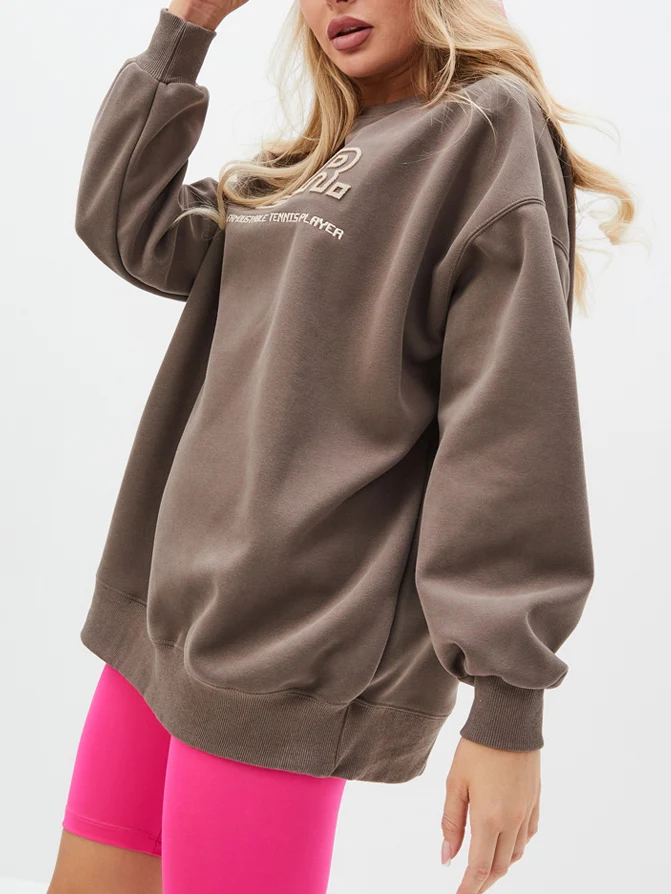 Brown Oversize Hooded Sweatshirt for Women Korean Basic O-neck Pullover with Big Pocket 2024 Spring Women's Letter Print Hoodies