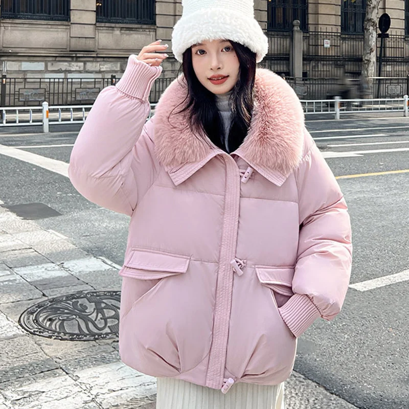 

Warm Furry Collar Parkas for Women Loose Button Detor Zipper Up Jackets Woman Chic Pockets Long Sleeve Thick Parkas Coat Lady
