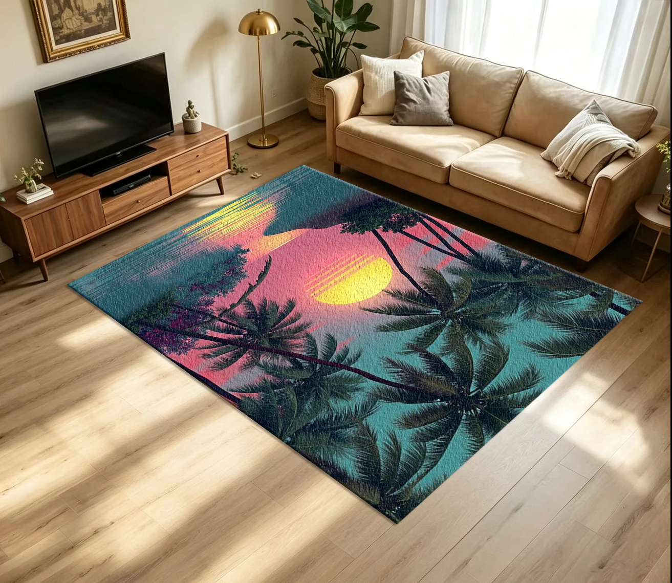 Tropical Palm Tree Sunset Scenery Carpet Flooring, Retro Vaporwave Beach Landscape Non-Slip Area Rug for Home Decor