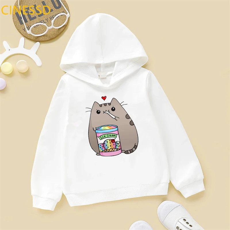 Crianças Coffee Cat Love Sweatshirt com capuz para sorvete, casaco de lazer, meninos, meninas, criança, primavera, outono, 3 a 12 anos