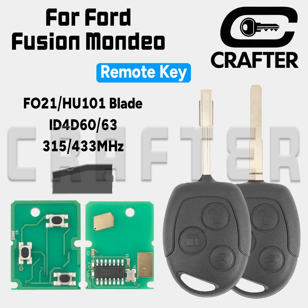 

Ключ Crafters, дистанционный автомобильный ключ ID 4D60/4D63, чип 315/433 МГц, лезвие HU101/FO21 для Ford Mondeo Focus Fusion Fiesta Galaxy 3BT
