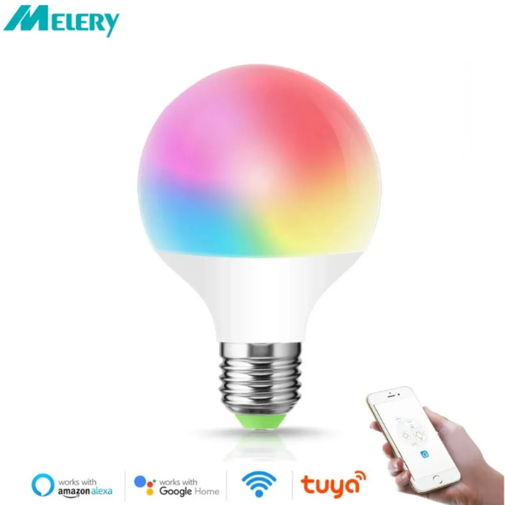 Melery-Lâmpada LED Smart Wifi, G95, E27, 12W, 1200lm, Quente, Branco Frio, Lâmpada Spot com Mudança de Cor RGB, Alexa, Google Home