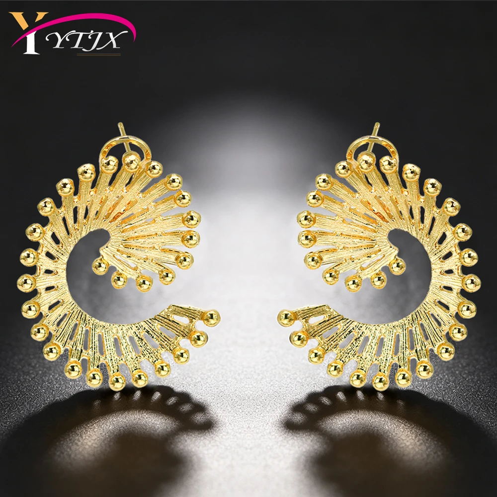 YTJX 2026 New C Shape Earrings For Women African 18K Gold Plated Sun Fan Shape Drop Earrings Statement Ethnic Party Jewelry Gift
