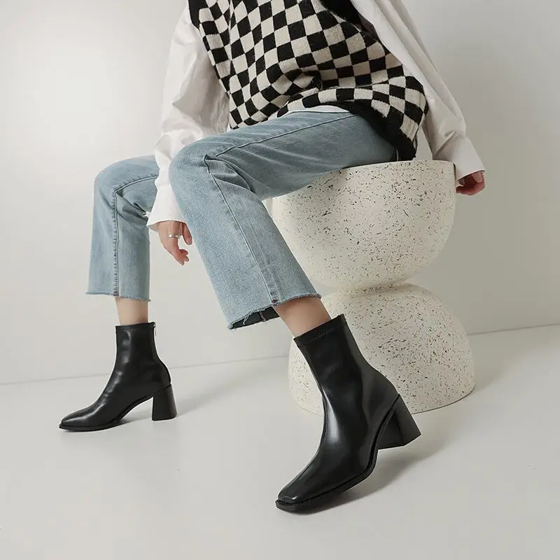 Krazing Pot new sheep split leather square toe thick high heels modern Boots French romantic joker literature Zipper Ankle Boots