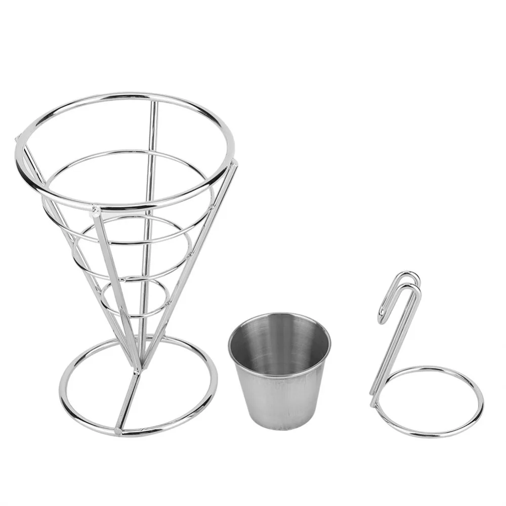 Durable Iron French Fry Cone Holder Sliver with Sauce Cup Fries Display Stand Convenient Study Fries Baskets Serving Snacks