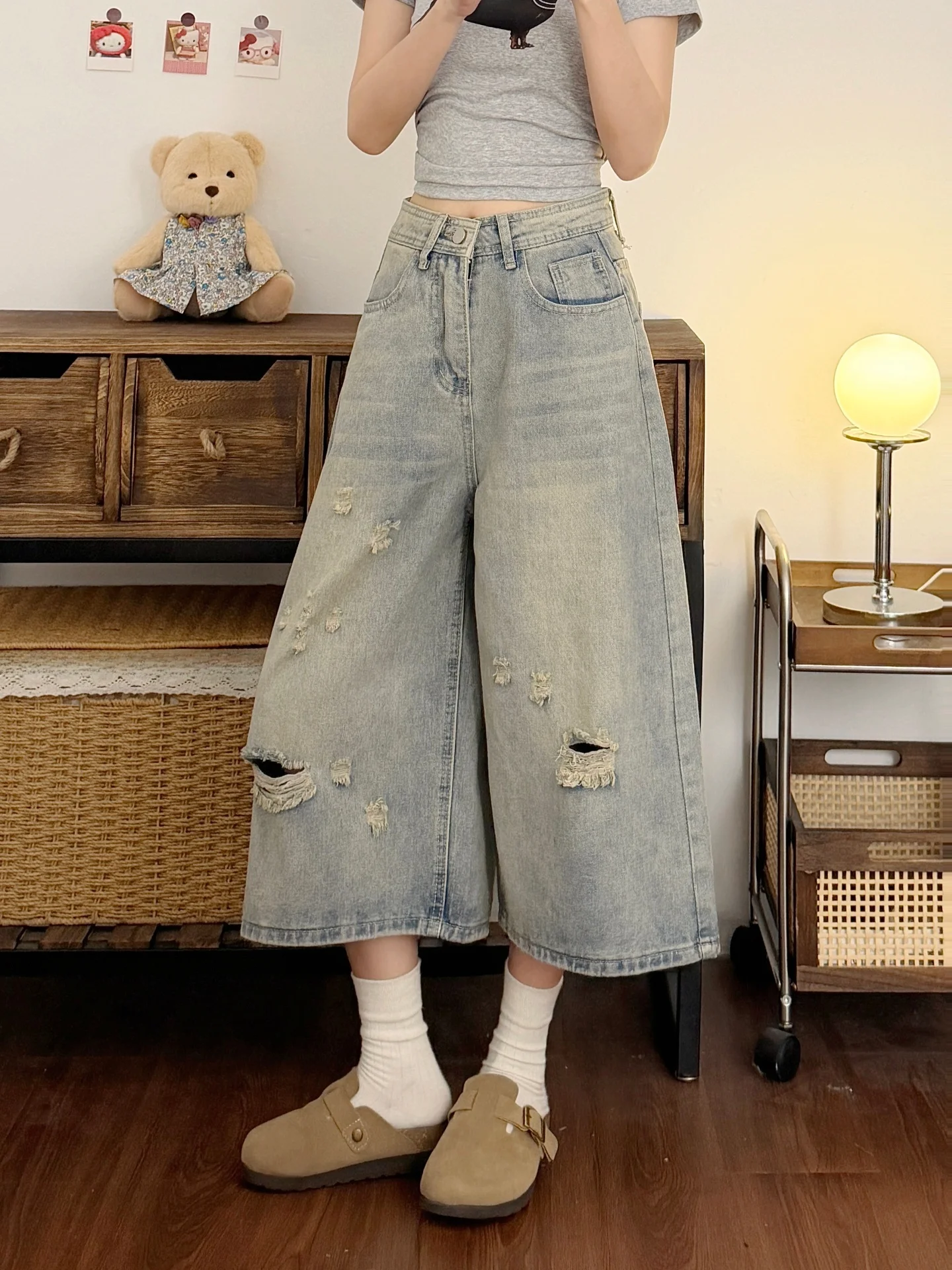 

Retro American Hole Denim Jeans Women Summer plus Size High Waist Slim Wide Leg Seven Parts Short Pants Casual Comfortable