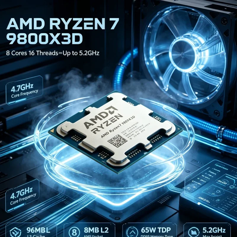 AMD Ryzen 7 9800X3D Gaming Desktop Processor 8 Core 16 Thread 96MB L3 Cache 4.7GHz 5.2GHz Max AM5 Socket DDR5 4NM No Fan