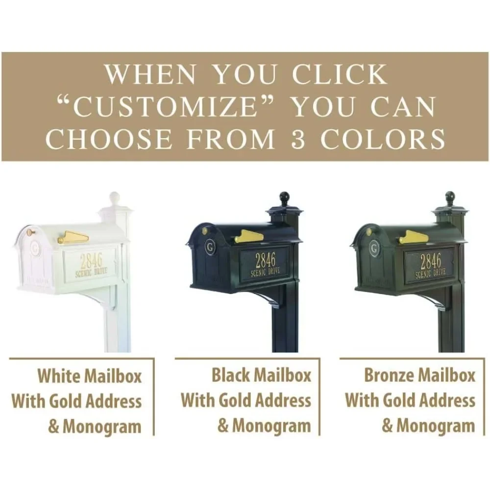 Personalized Whitehall Balmoral Mailbox with Side Address Plaques, Monogram & Post Package (3 Colors Available)