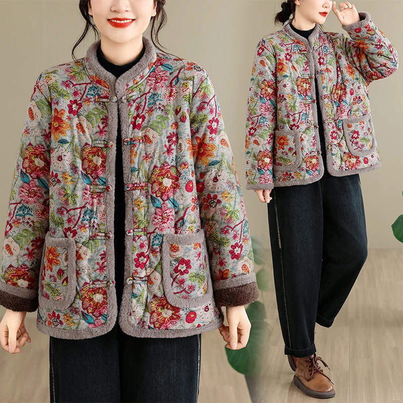 Fashionable Winter Cotton Jacket Women's Thin Fleece Lined Floral Warm Outerwear Mommy Clothes Button up Cardigan Long Sleeve