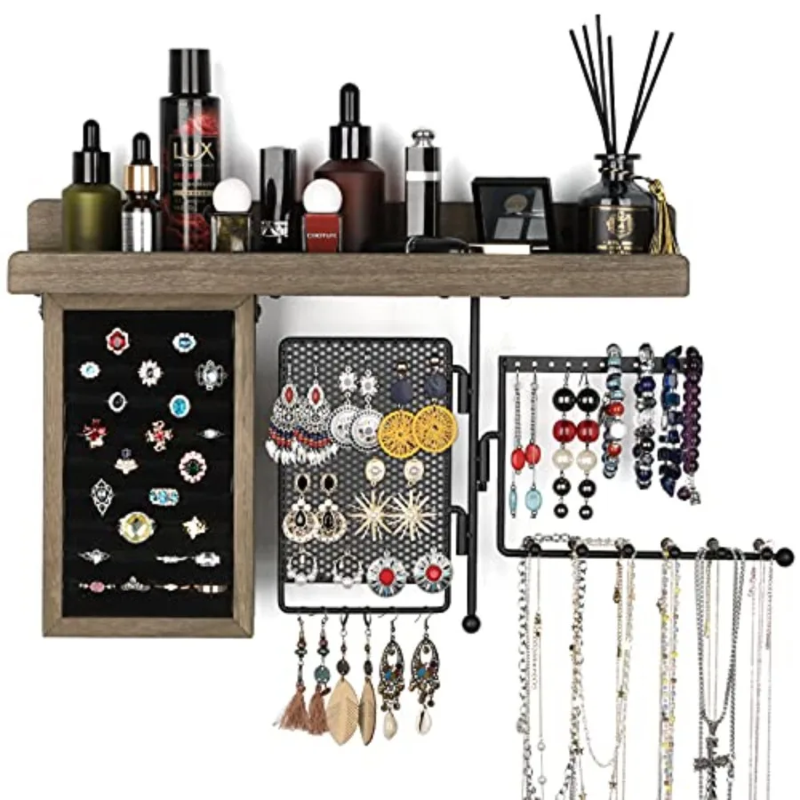 Hanging Jewelry Organizer Wall Mount Holder with Rustic Wood Shelf, Ring Display Box, Ear Studs Earring Holder, Rotating Neckla