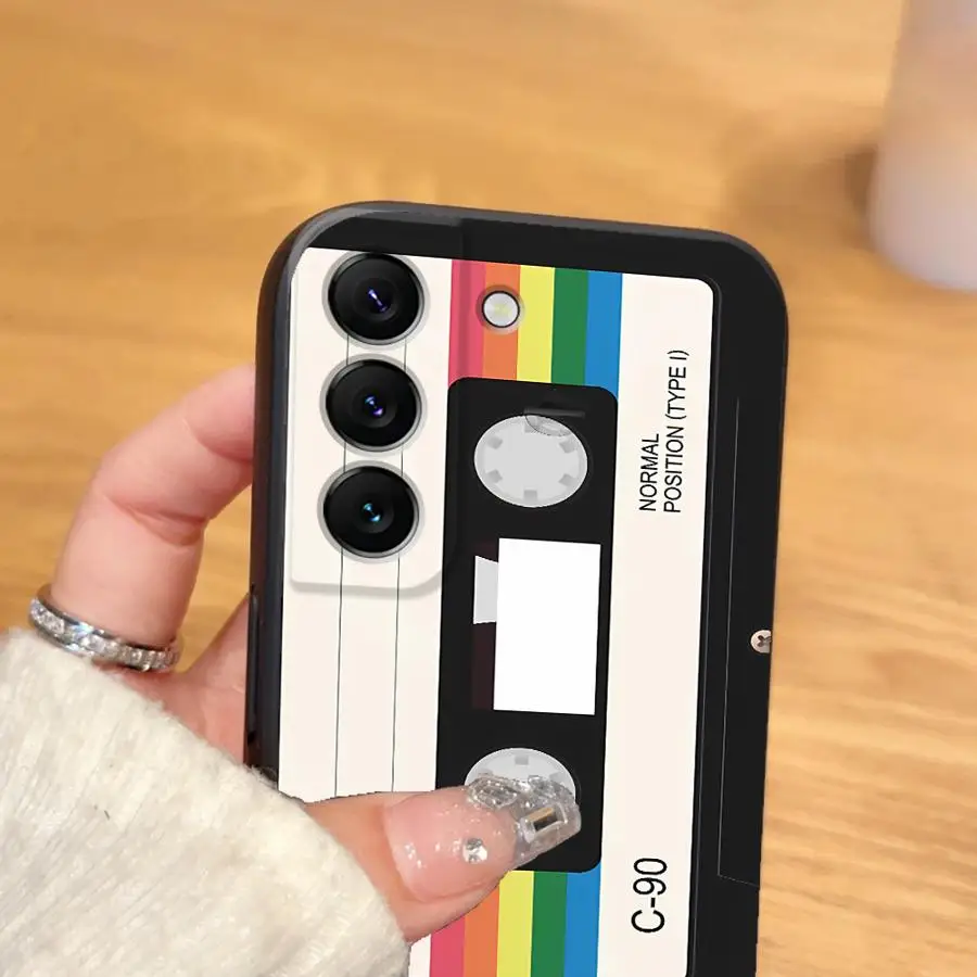 حافظة لهاتف سامسونج جالاكسي S21 FE S24 Plus S23 Ultra S20 S25 Edge غطاء هاتف ناعم أسود شريط كاسيت ريترو