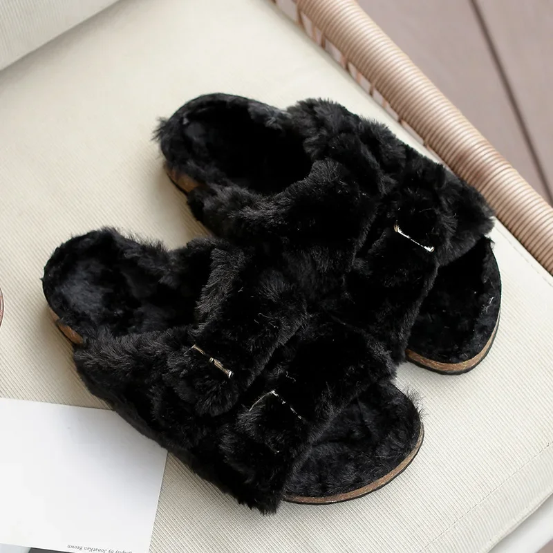 ผู้หญิง Fuzzy รองเท้าแตะ Cork Footbed Fluffy สไลด์รองเท้าแตะเปิดนิ้วเท้าบ้านในร่มรองเท้า Arch สนับสนุนรองเท้าแตะปรับได้