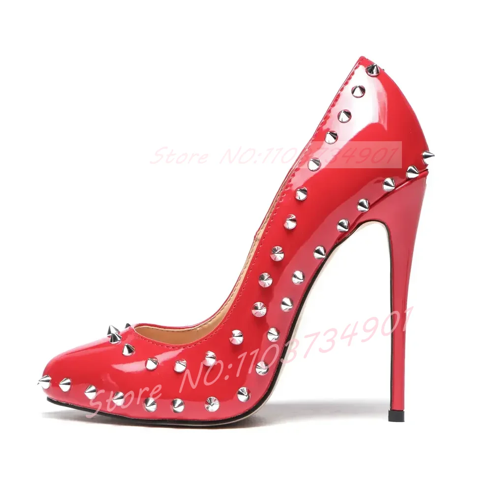 

Женские туфли-лодочки с круглым носком и заклепками, пикантные красные блестящие кожаные туфли-лодочки без шнуровки с шипами, женские вечерние туфли большого размера на высоком каблуке