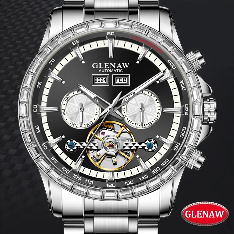 

GLENAW Design Year Month Sunday Многофункциональные механические часы Мужские водонепроницаемые светящиеся часы из нержавеющей стали с бриллиантовым кругом
