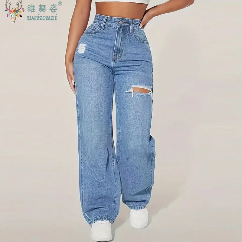 

2026 Summer Women's Ripped Boyfriend JEANS Straight Wide-Leg Denim Pants Stretch Holes Denim Trousers Pocket High Waist Pants