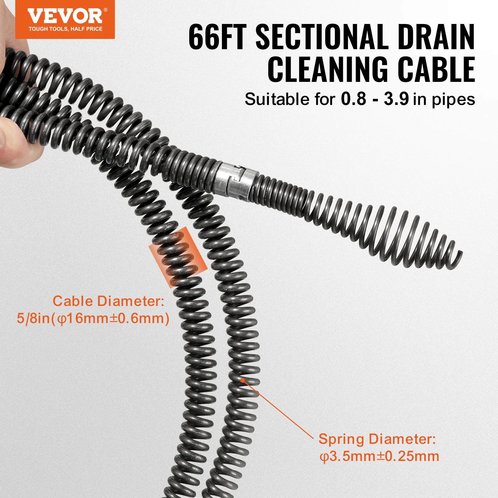 VEVOR Drain Cleaning Cable Professional Sectional Drain Cleaner Cable Hollow Core Sewer Drain Auger Cable for Sink Floor Drain