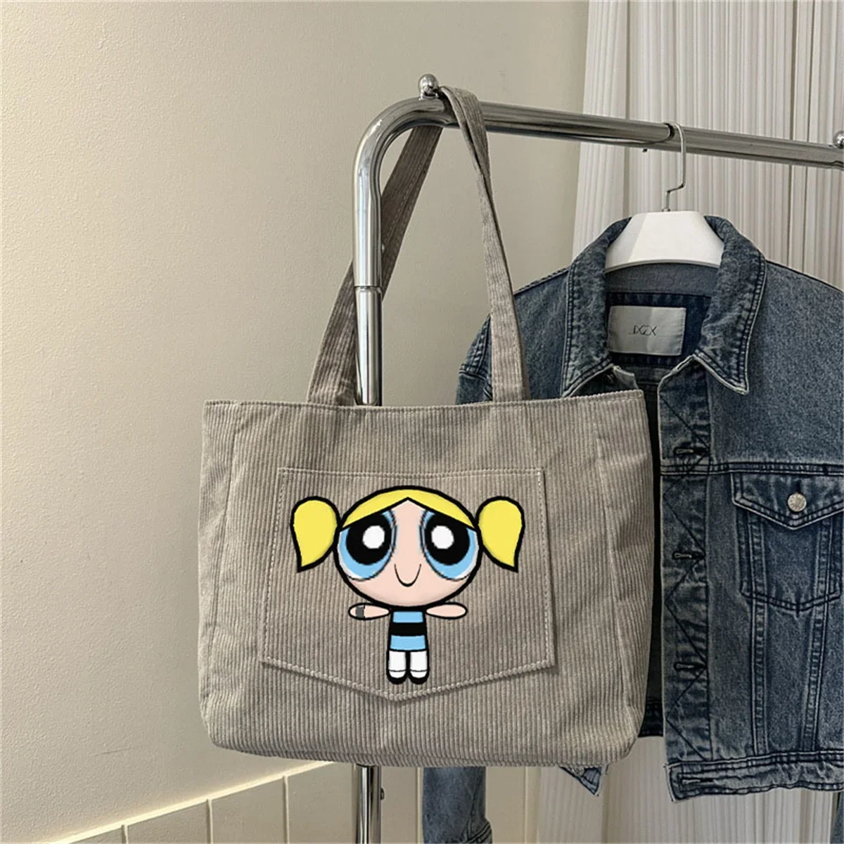 Anime P/owerpuff Girls Bucket Bag Corduroy Handbags Crossbody Bag for Girl Women Vertical Casual Tote Bag Phone Pouch Coin Purse
