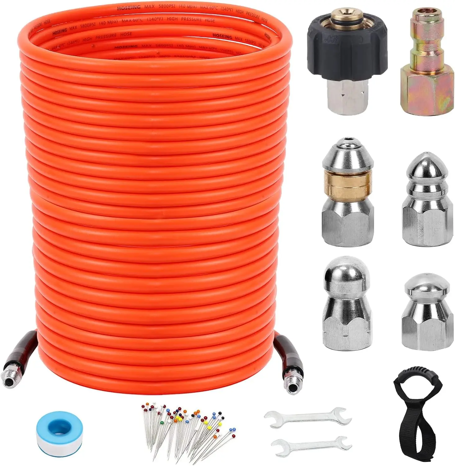 150FT Sewer Jetter Kit for Pressure Washer, 5800 PSI Water Jet Drain Cleaner Hose With Corner Rotating Button Nose Nozzle 1/4 In