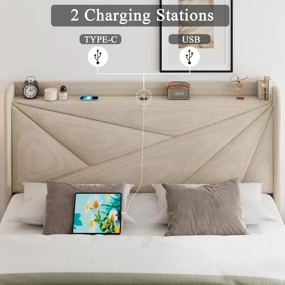 King Bed Frame, Upholstered Platform Bed Frame with Type-C&Ports, Wingback Shelf, Solid Wood Slats Support, No Box Spring Needed