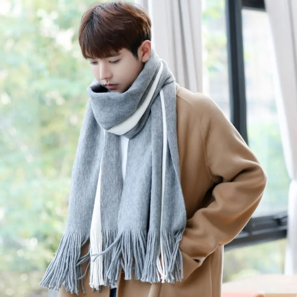 Simple Korean Style Men Cashmere Scarf Windproof Splicing Color Long Wool Tassel Scarf Warm Thickened Winter Neckerchief Autumn