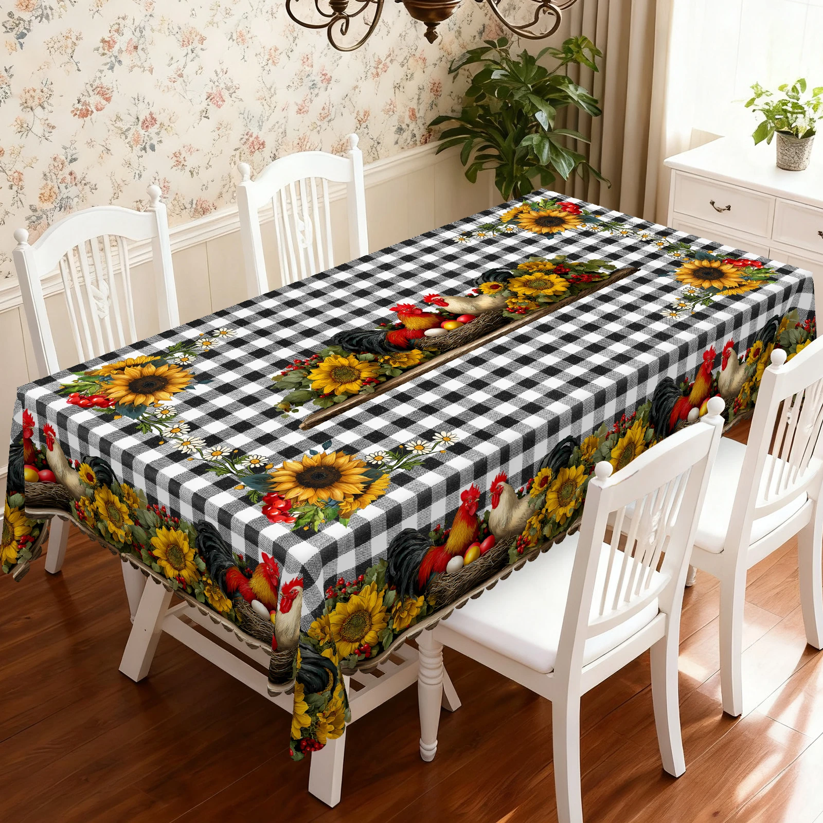 Farm Floral Themed Tablecloth, Vibrant Sunflowers, Delicious Berries, Cute Rooster Print Pattern, Classic Black and White Checkered Style, Multiple Size Options, Embossed Edges, Waterproof, Wrinkle-Resistant, Fade-Resistant, Round and Rectangular Options Available, Suitable for Indoor and Outdoor Dining Tables in Spring, Summer, Autumn, and Winter, Ideal for Home, Kitchen, Restaurant, Patio, Courtyard Use, Buffet Outdoor Parties and Camping, Perfect Gift Chicken3