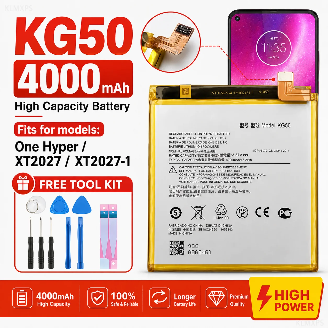 KG50 Li-Polymer Phone Battery 3.85V Standard Drain Rechargeable Cell for Motorola One Hyper XT2027 XT2027-1 XT2027-2 Kit