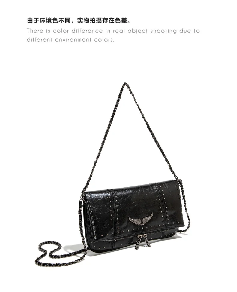 Bolso Bandolera Tipo Sobre Pequeño para Mujer 2026, Bolso de Hombro Casual de Cuero Encerado Negro Suave con Cadena de Remaches Plateados