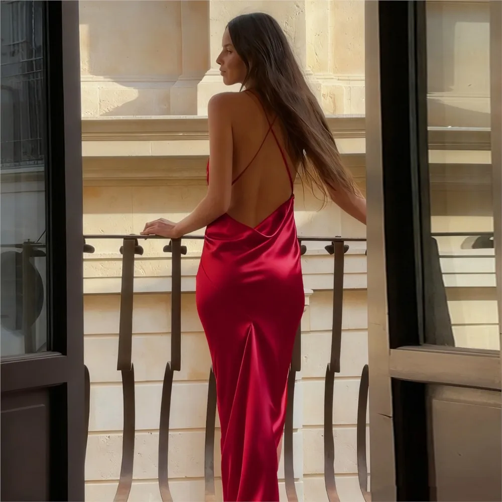 Robes de soirée pour femmes, bretelles élégantes, robe de soirée, Banquet, Sexy, décolleté en v profond, dos nu, couleur unie, tempérament Slim