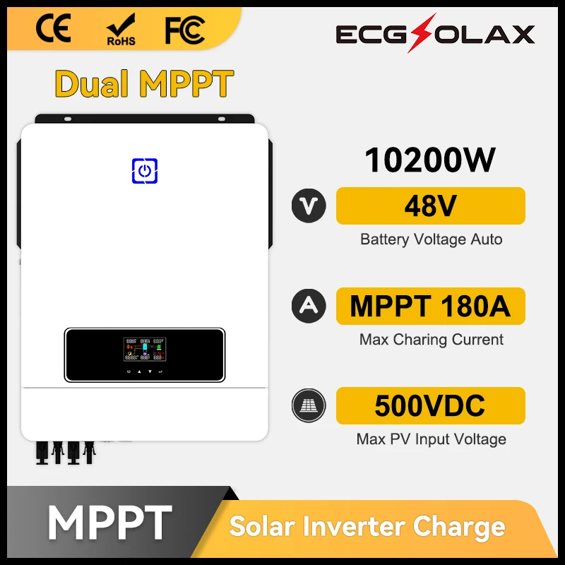 ECGSOLAX 8.2KW 10.2KW Hybrid Solar Inverter 48V 230VA with MPPT 160A/180A Charging Controller PV Max 500VDC Pure Sine Wave Inver